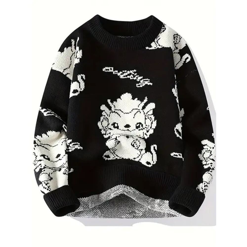 YIGUCHUN Unisex 3XL BlackWhite Anime Dragon Knit Sweater Graphic Pullover Kawaii